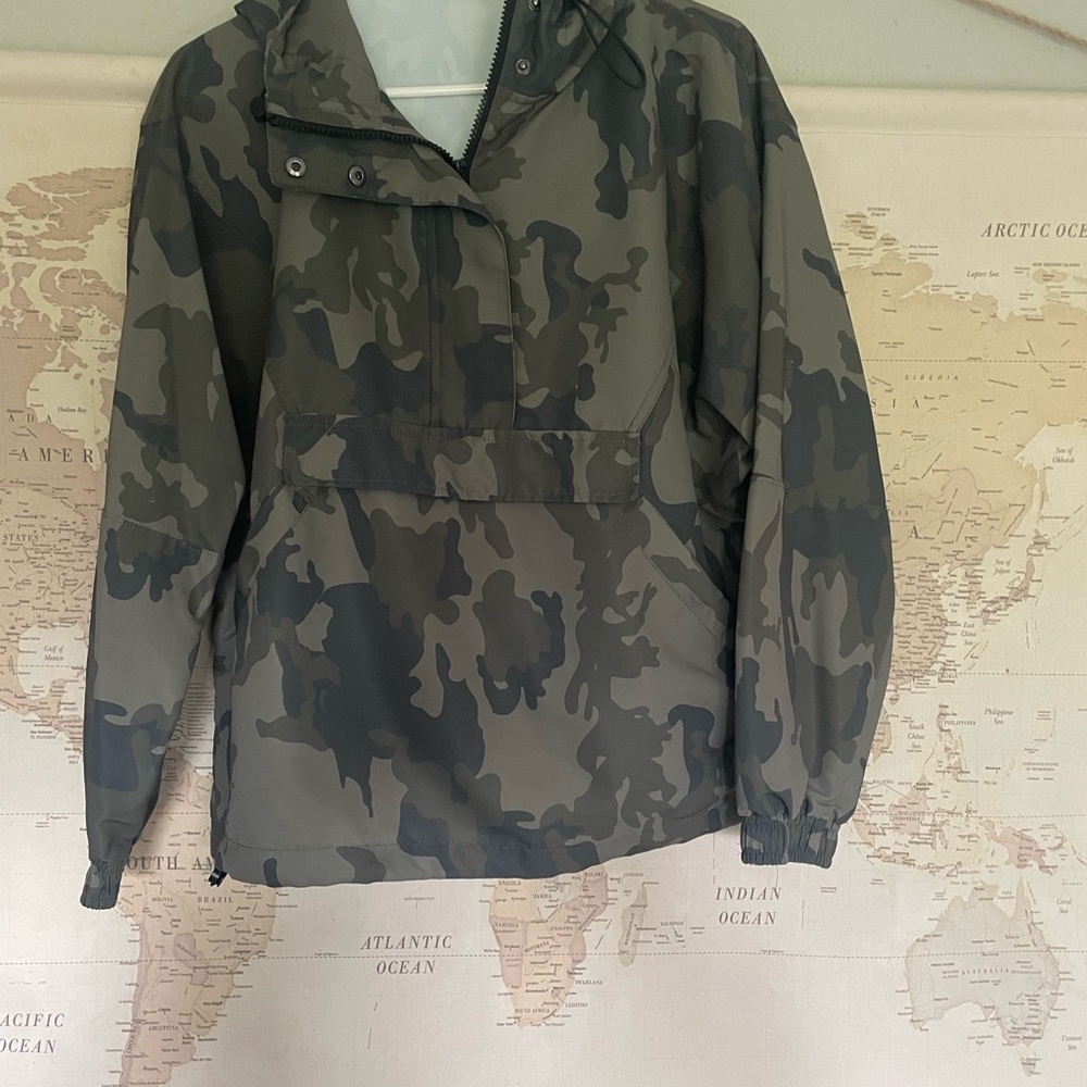 Green and Black Windbreaker with Camouflage Pattern